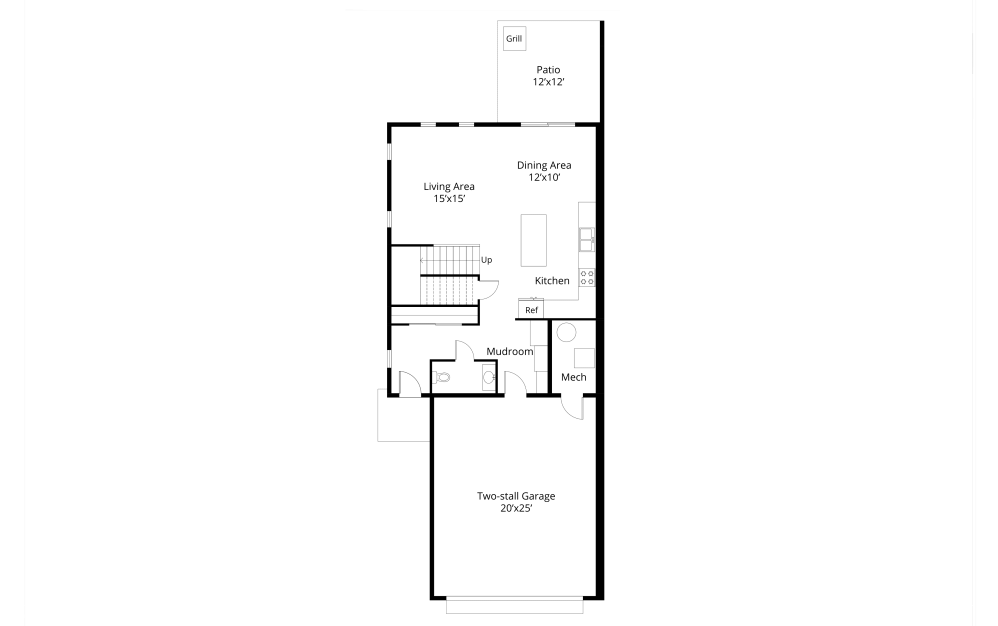 First floor of the Grove floor plan with open living and walk-out patio