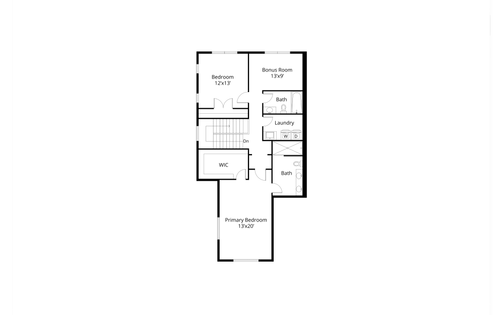 Second level of the Grove floor plan with two bedrooms, a bonus room, and a laundry room